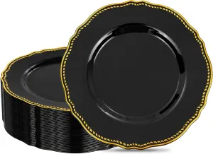 Hioasis 60pcs Black Plastic Plates - Black and Gold Disposable Plates, 10.25 inch Plastic Dinner Plates, Perfect for Wedding & Party & Father's Day