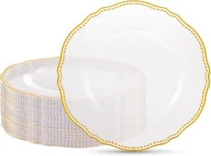 Hioasis 60pcs Gold Plastic Plates - Clear and Gold Disposable Plates, 10.25 inch Plastic Dinner Plates, Perfect for Wedding & Party & Holiday