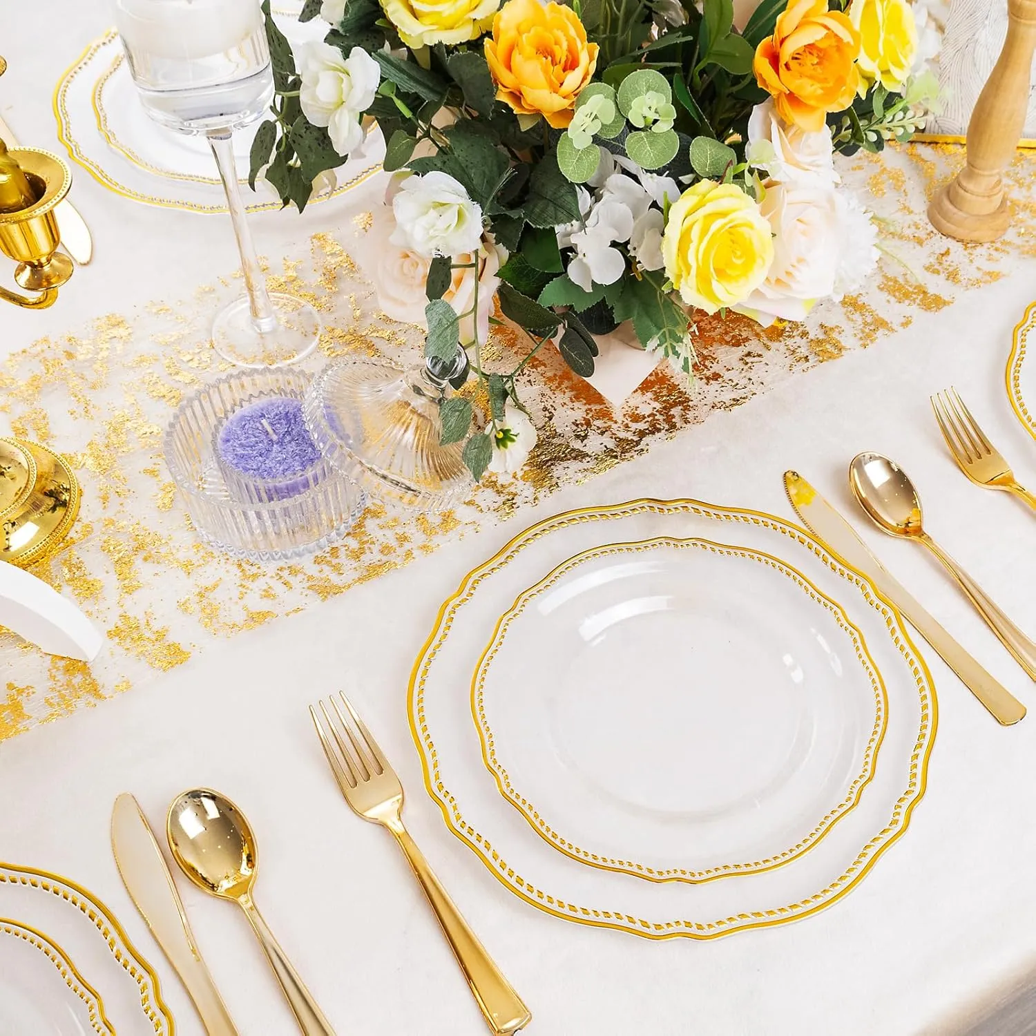 Hioasis 60pcs Gold Plastic Plates - Clear and Gold Disposable Plates, 10.25 inch Plastic Dinner Plates, Perfect for Wedding & Party & Holiday