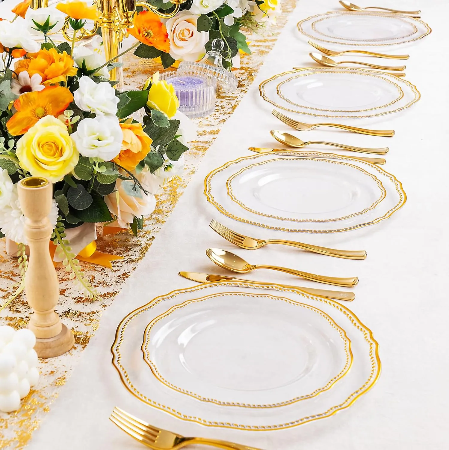 Hioasis 60pcs Gold Plastic Plates - Clear and Gold Disposable Plates, 10.25 inch Plastic Dinner Plates, Perfect for Wedding & Party & Holiday