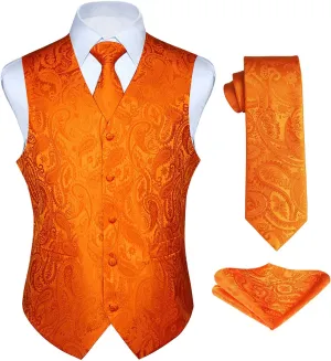 HISDERN Men's Vest Tie Set Paisley Floral Jacquard Necktie Pocket Square 3PCS Waistcoat for Suit or Tuxedo Wedding Party