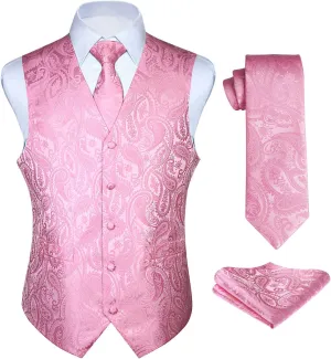 HISDERN Men's Vest Tie Set Paisley Floral Jacquard Necktie Pocket Square 3PCS Waistcoat for Suit or Tuxedo Wedding Party