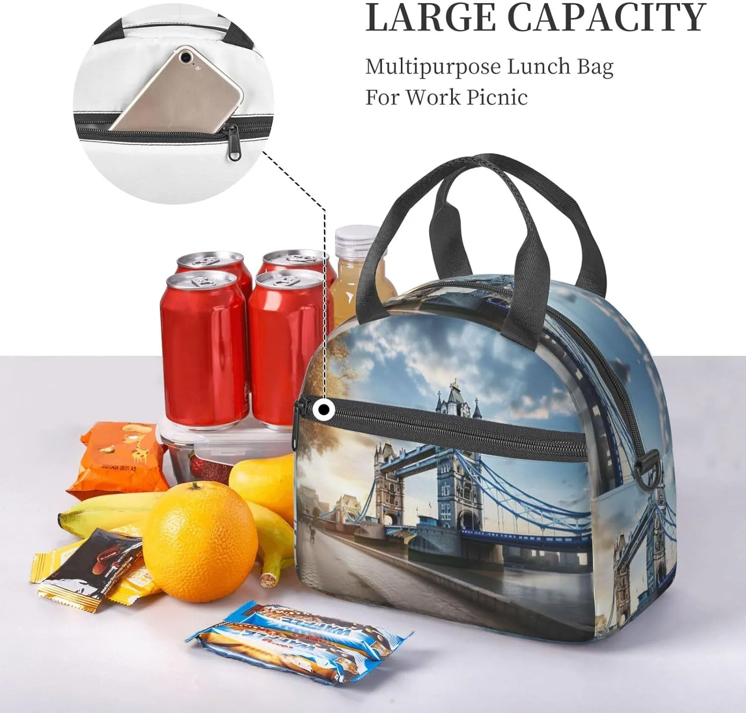 Historic Old Tower Bridge London Reusable Insulated Lunch Bag Lunch Box For Women Men Perfect For Daily Commute Travel