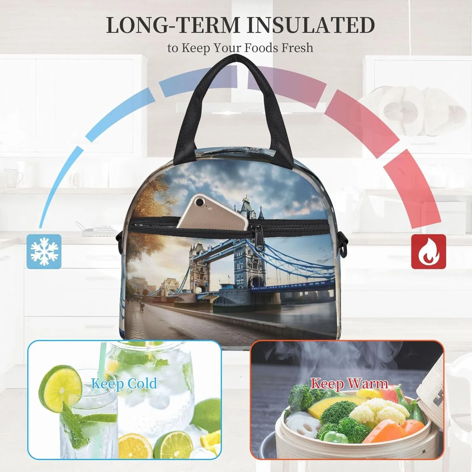 Historic Old Tower Bridge London Reusable Insulated Lunch Bag Lunch Box For Women Men Perfect For Daily Commute Travel