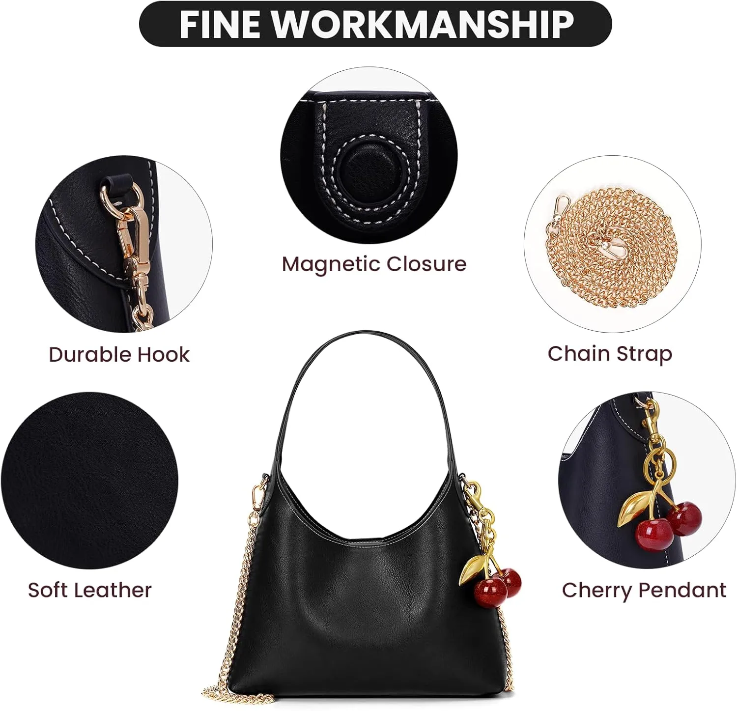 Hobo Bags for Women Leather Shoulder Bag Tote Handbag Cherry Purse Small Hobo Crossbody Bag Vintage Shoulder Handbag