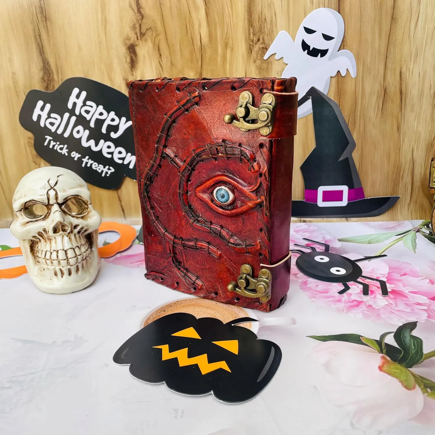 Hocus Pocus Book Of Spells, Grimoire Spell Books With Real Spells, Prop Halloween Decorations Decor, Book Of Shadows Spell Book, Witchy Gifts For Women Spellbook Leather Bound Journal, Grimoire Witch (10x7, hocus pocus design 2)