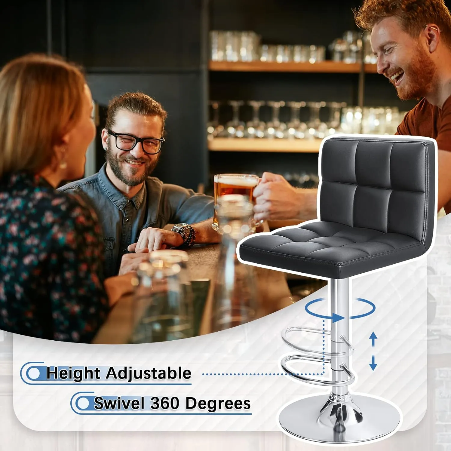 Homall Bar Stools Modern PU Leather Adjustable Swivel Barstools, Armless Hydraulic Kitchen Counter Bar Stool Extra Height Square Island Barstool with Back Set of 2 (Leather, Black)