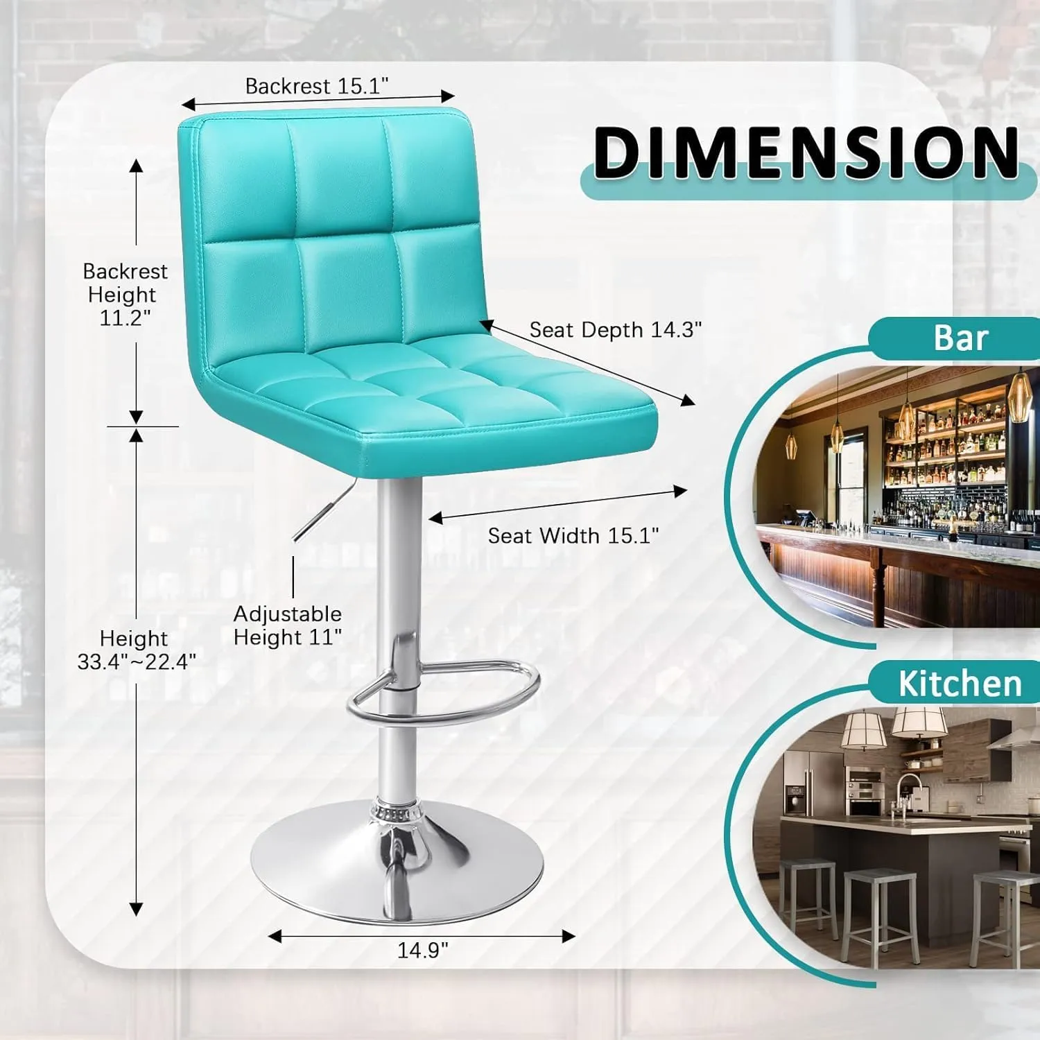 Homall Bar Stools Modern PU Leather Adjustable Swivel Barstools, Armless Hydraulic Kitchen Counter Bar Stool Extra Height Square Island Barstool with Back Set of 2 (Leather, Blue)
