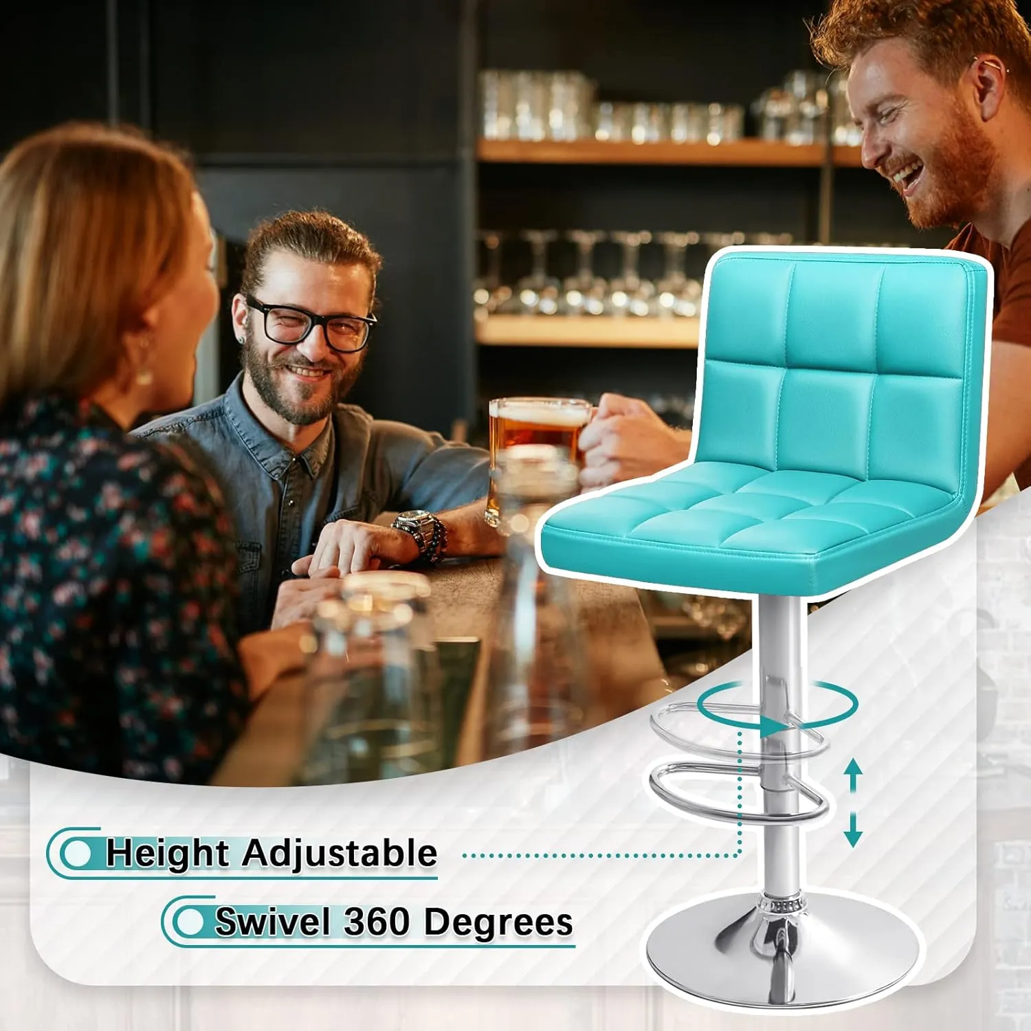 Homall Bar Stools Modern PU Leather Adjustable Swivel Barstools, Armless Hydraulic Kitchen Counter Bar Stool Extra Height Square Island Barstool with Back Set of 2 (Leather, Blue)