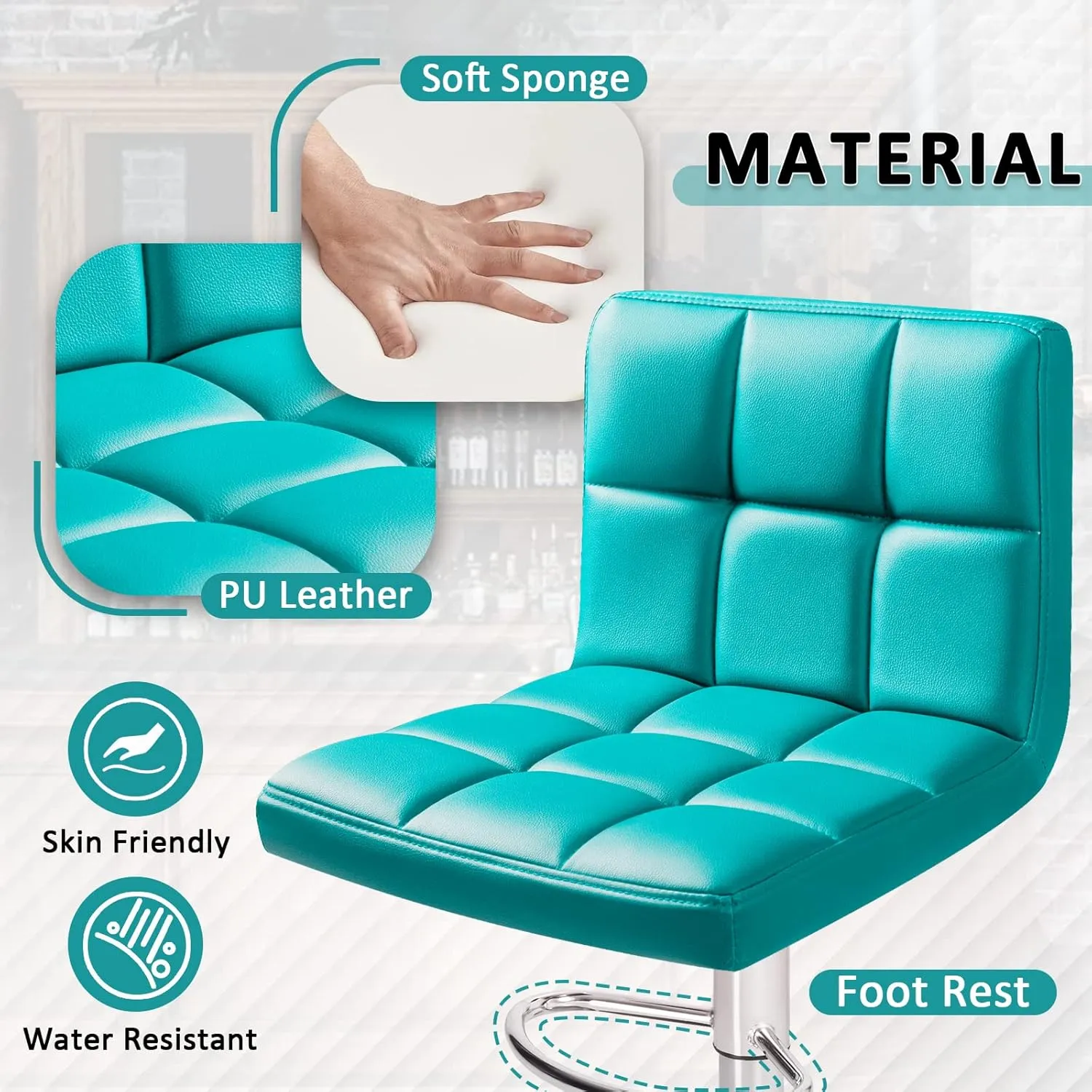 Homall Bar Stools Modern PU Leather Adjustable Swivel Barstools, Armless Hydraulic Kitchen Counter Bar Stool Extra Height Square Island Barstool with Back Set of 2 (Leather, Blue)
