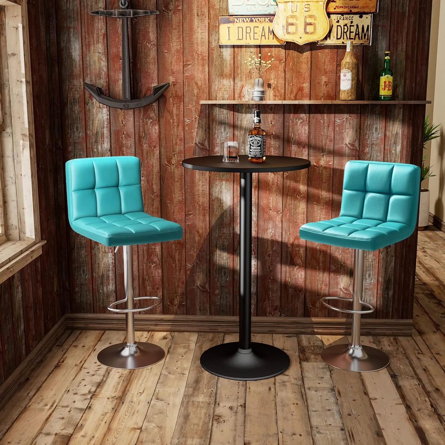 Homall Bar Stools Modern PU Leather Adjustable Swivel Barstools, Armless Hydraulic Kitchen Counter Bar Stool Extra Height Square Island Barstool with Back Set of 2 (Leather, Blue)