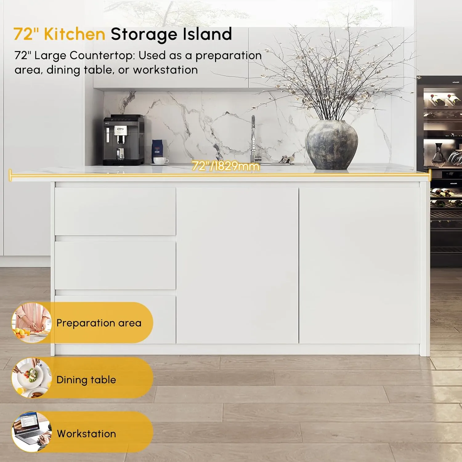 homary Kitchen Islands with Ample Storage 72" Kitchen Island with Seating & Drawers,Modern Island Table with Storage Cabinet (Sintered Stone Top, White)