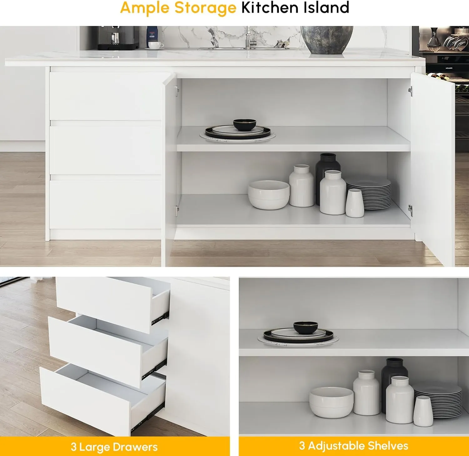homary Kitchen Islands with Ample Storage 72" Kitchen Island with Seating & Drawers,Modern Island Table with Storage Cabinet (Sintered Stone Top, White)