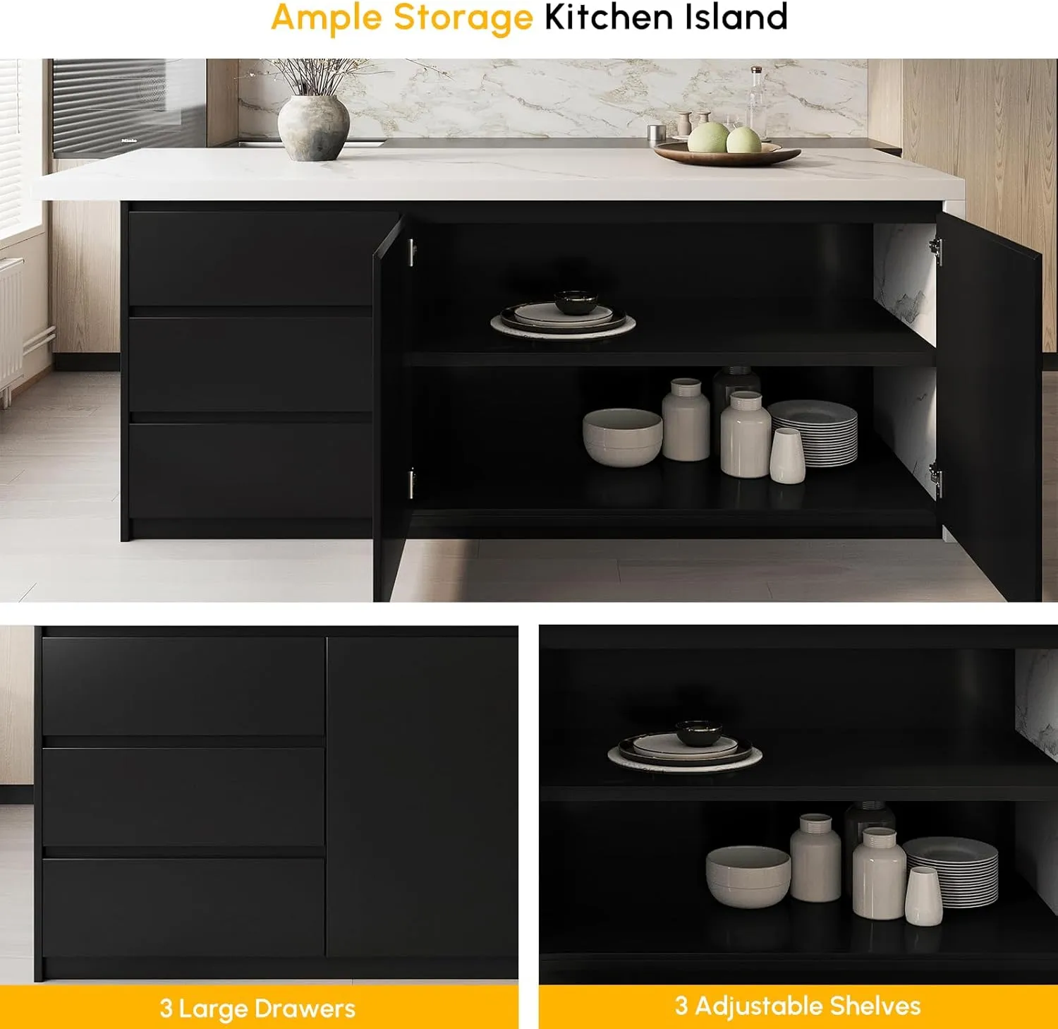 homary Kitchen Islands with Ample Storage 72" Kitchen Island with Seating & Drawers,Modern Kitchen Island Table with Storage Cabinet (Engineered Wood Top, White & Black)