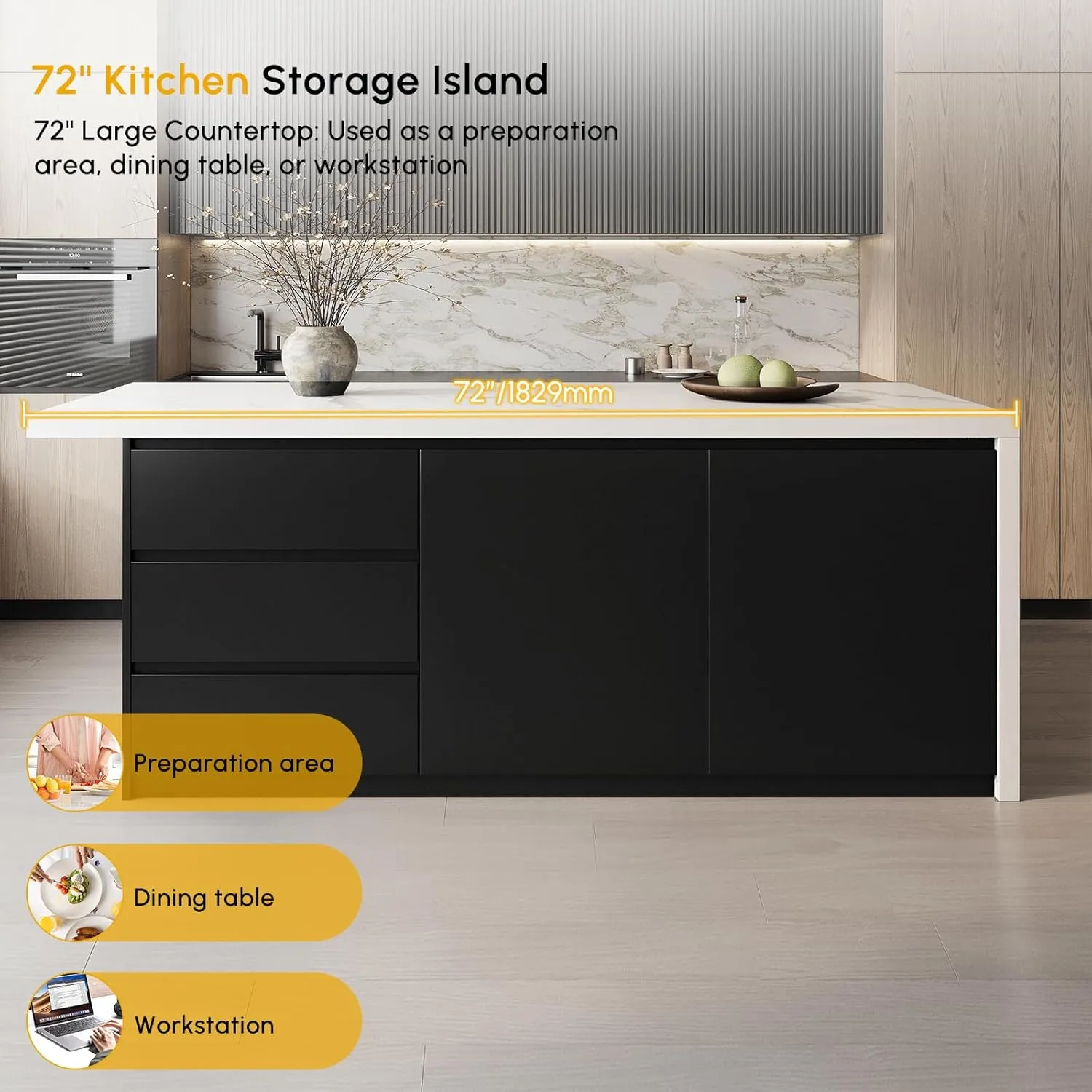 homary Kitchen Islands with Ample Storage 72" Kitchen Island with Seating & Drawers,Modern Kitchen Island Table with Storage Cabinet (Engineered Wood Top, White & Black)
