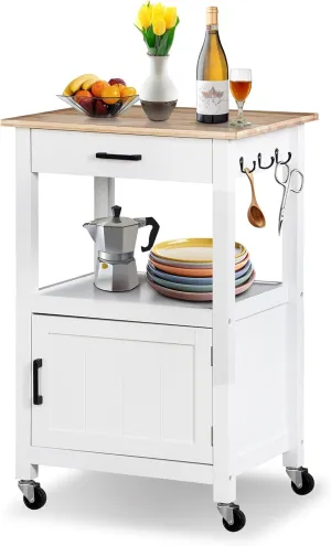 HomGarden Kitchen Island on Swivel Wheels with Drawer, Rolling Kitchen Cart Storage Cabinet with 3 Side Hooks for Dining Room, White