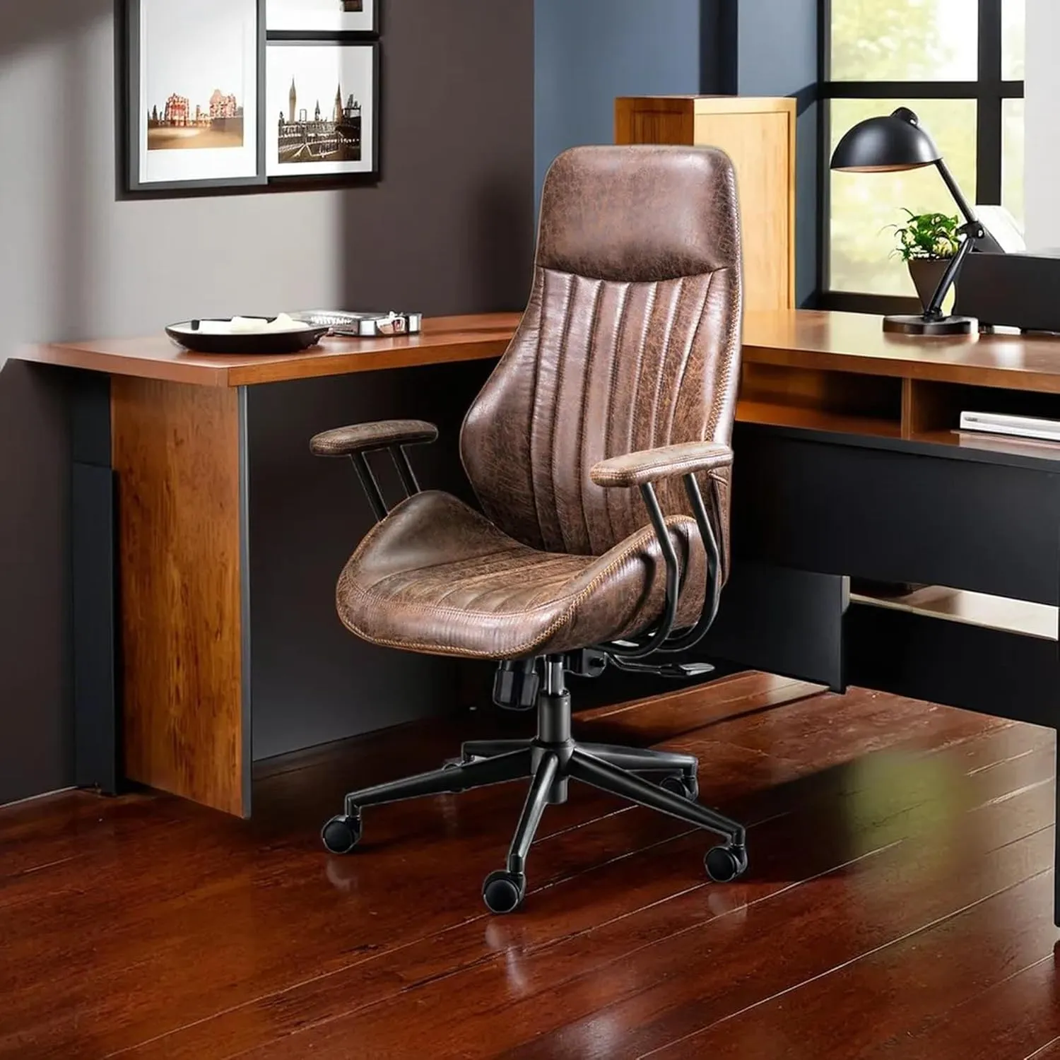 HOOOWOOO Faux Suede Leather Home Office Desk Chair,MCM Modern Ergonomic Task Work Chair,Computer Gaming Chair with Cushion Seat Lumbar Support Reclining High Back for Long Hours(Chocolate Brown)