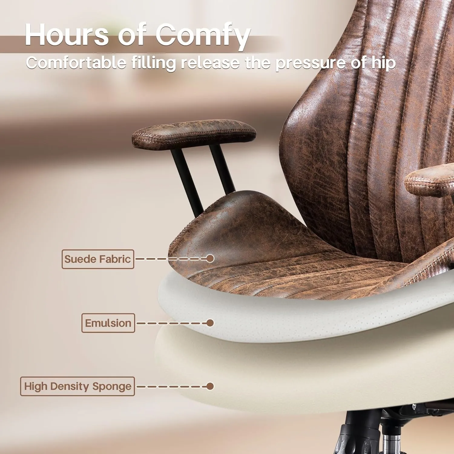 HOOOWOOO Faux Suede Leather Home Office Desk Chair,MCM Modern Ergonomic Task Work Chair,Computer Gaming Chair with Cushion Seat Lumbar Support Reclining High Back for Long Hours(Chocolate Brown)