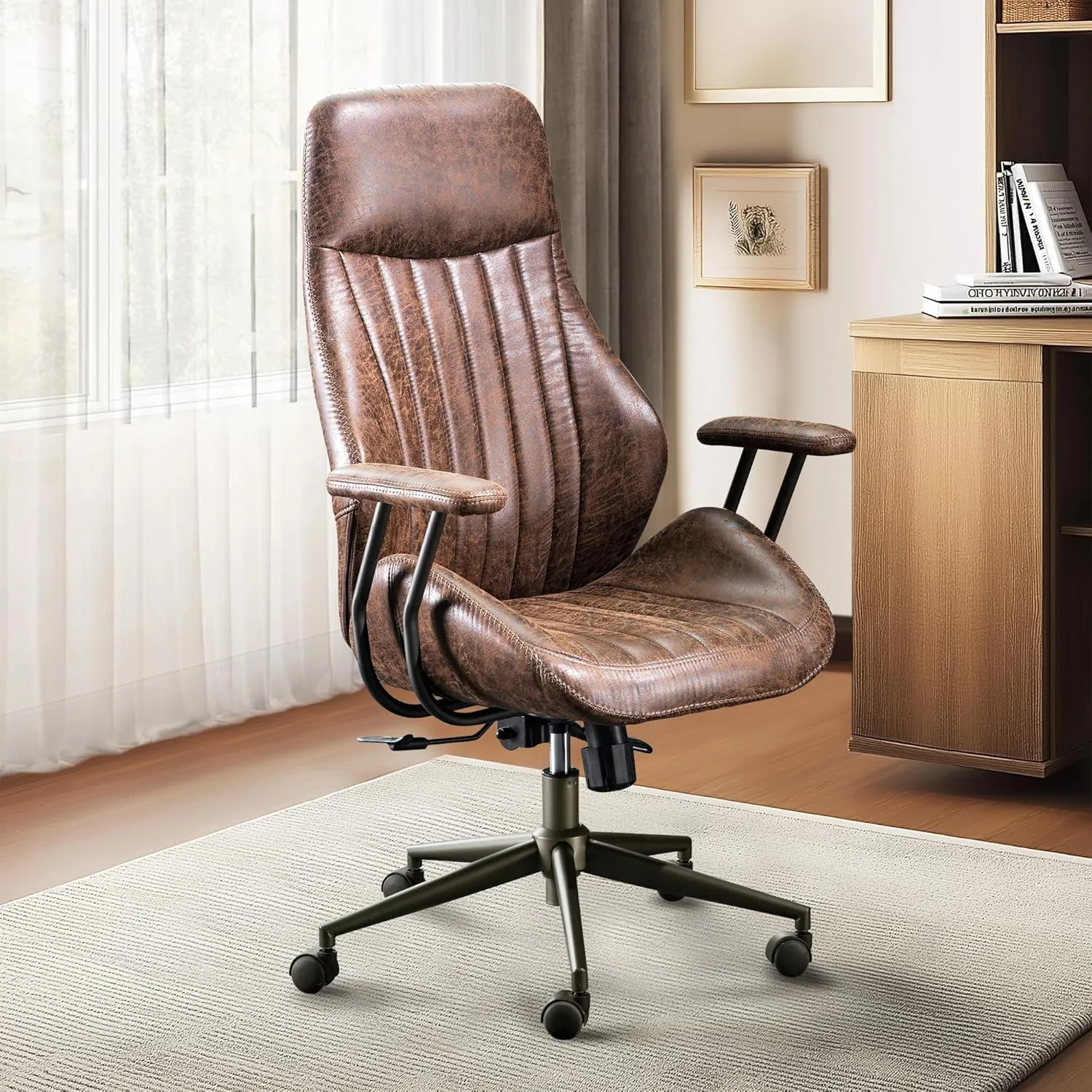 HOOOWOOO Faux Suede Leather Home Office Desk Chair,MCM Modern Ergonomic Task Work Chair,Computer Gaming Chair with Cushion Seat Lumbar Support Reclining High Back for Long Hours(Chocolate Brown)