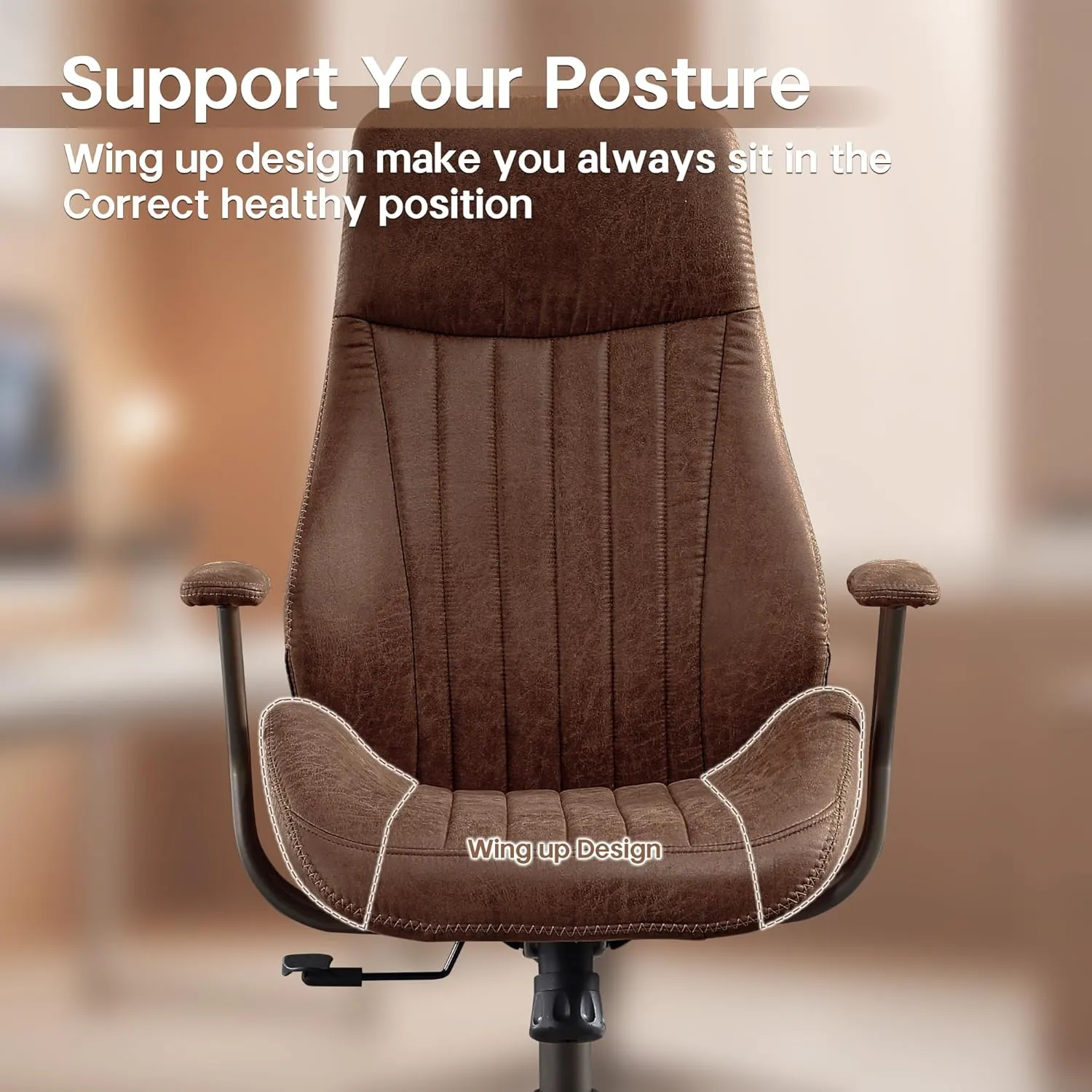 HOOOWOOO Faux Suede Leather Home Office Desk Chair,MCM Modern Ergonomic Task Work Chair,Computer Gaming Chair with Cushion Seat Lumbar Support Reclining High Back for Long Hours(Chocolate Brown)
