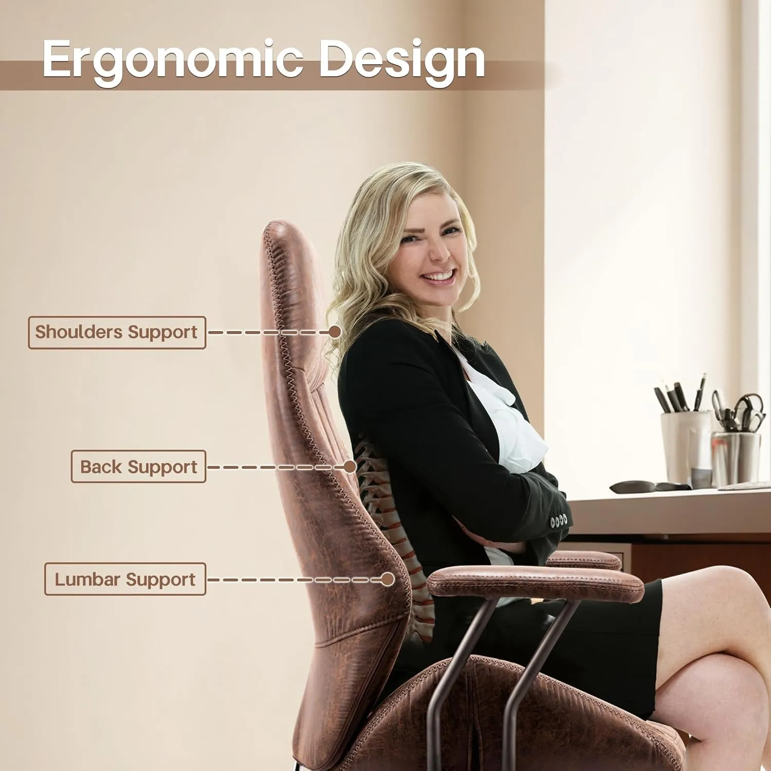HOOOWOOO Faux Suede Leather Home Office Desk Chair,MCM Modern Ergonomic Task Work Chair,Computer Gaming Chair with Cushion Seat Lumbar Support Reclining High Back for Long Hours(Chocolate Brown)