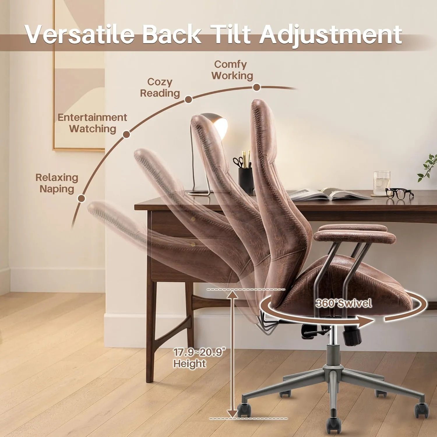 HOOOWOOO Faux Suede Leather Home Office Desk Chair,MCM Modern Ergonomic Task Work Chair,Computer Gaming Chair with Cushion Seat Lumbar Support Reclining High Back for Long Hours(Chocolate Brown)