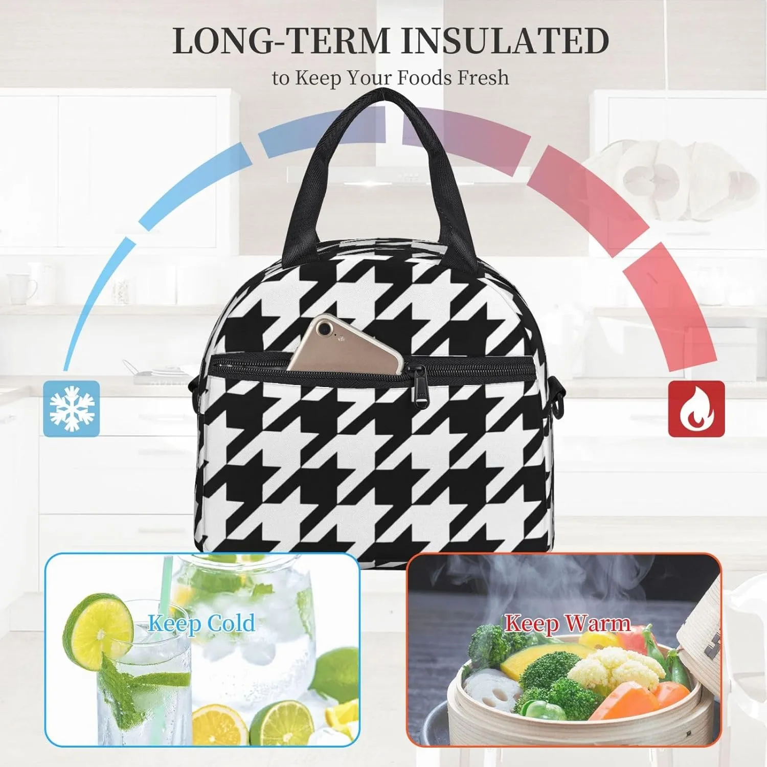 Houndstooth Black Print Crossbody Insulated Lunch Bags For Women Men Cooler Bag Lightweight Waterproof Lunch Box