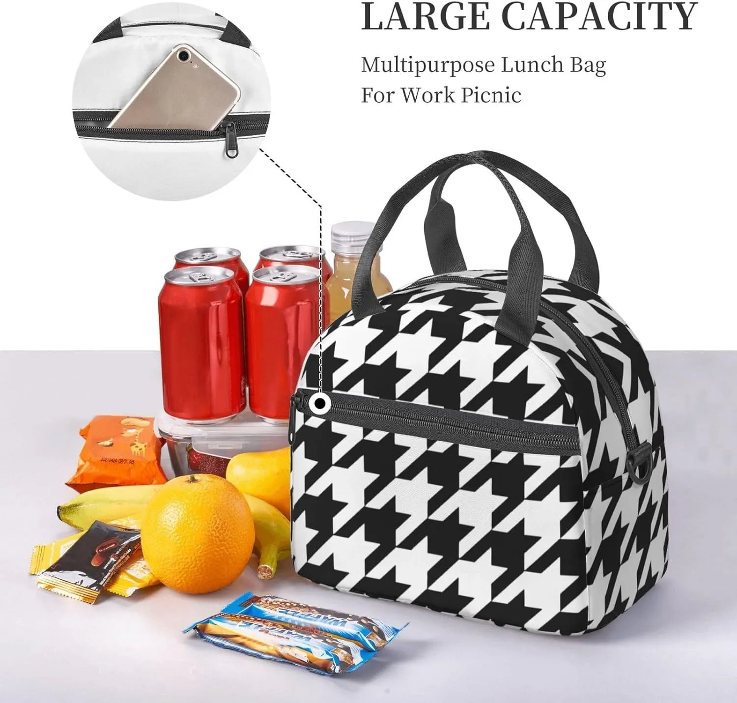 Houndstooth Black Print Crossbody Insulated Lunch Bags For Women Men Cooler Bag Lightweight Waterproof Lunch Box