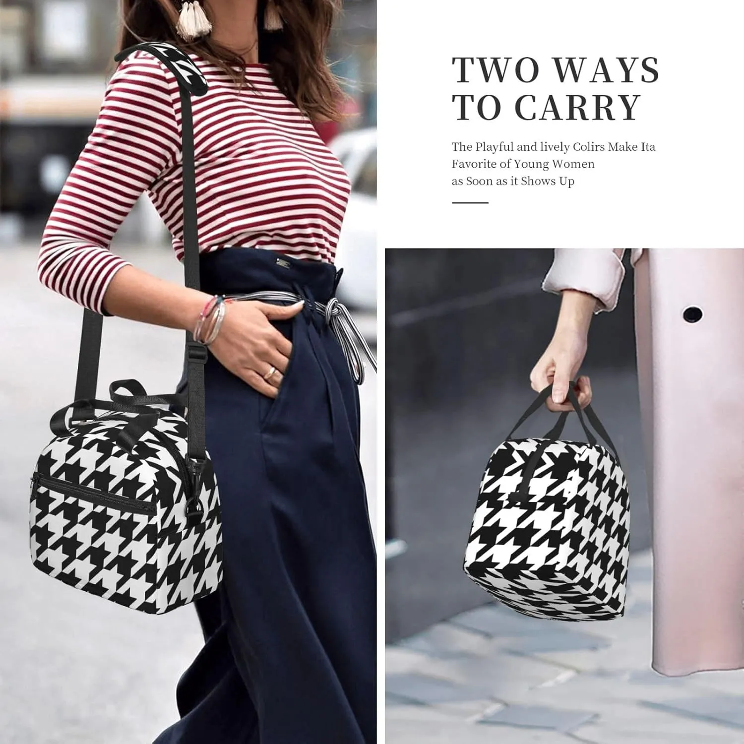 Houndstooth Black Print Crossbody Insulated Lunch Bags For Women Men Cooler Bag Lightweight Waterproof Lunch Box