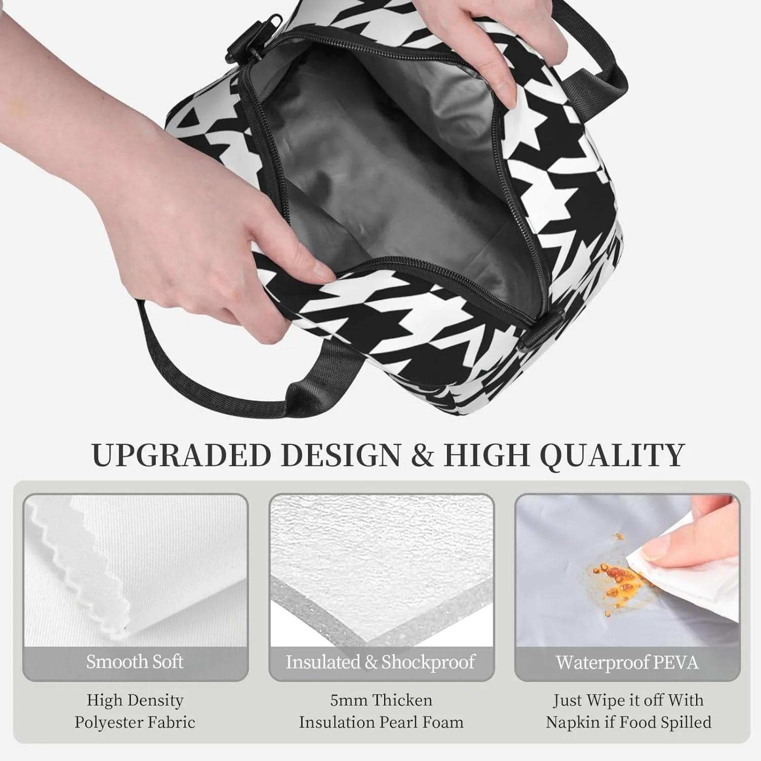 Houndstooth Black Print Crossbody Insulated Lunch Bags For Women Men Cooler Bag Lightweight Waterproof Lunch Box