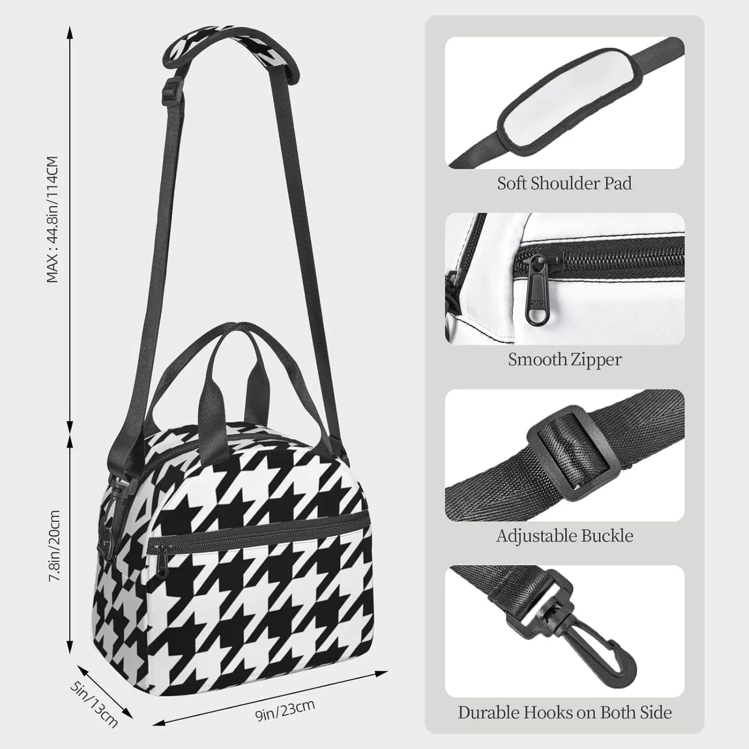 Houndstooth Black Print Crossbody Insulated Lunch Bags For Women Men Cooler Bag Lightweight Waterproof Lunch Box