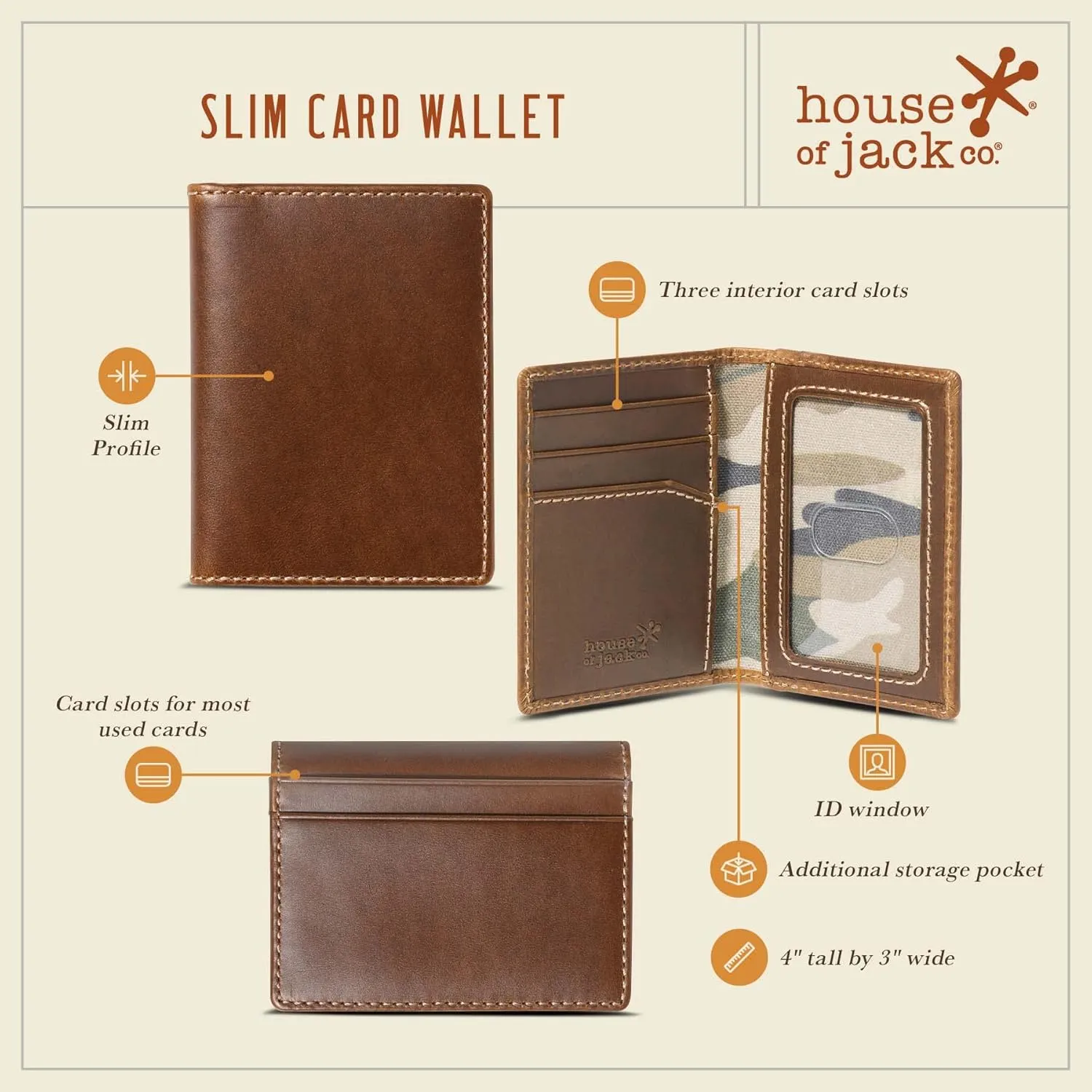 House of Jack Co. Slim Card Wallet for Men, Minimalist Front Pocket, Small Bifold Card Holder, Full Grain Cowhide Leather Wallet, Brown