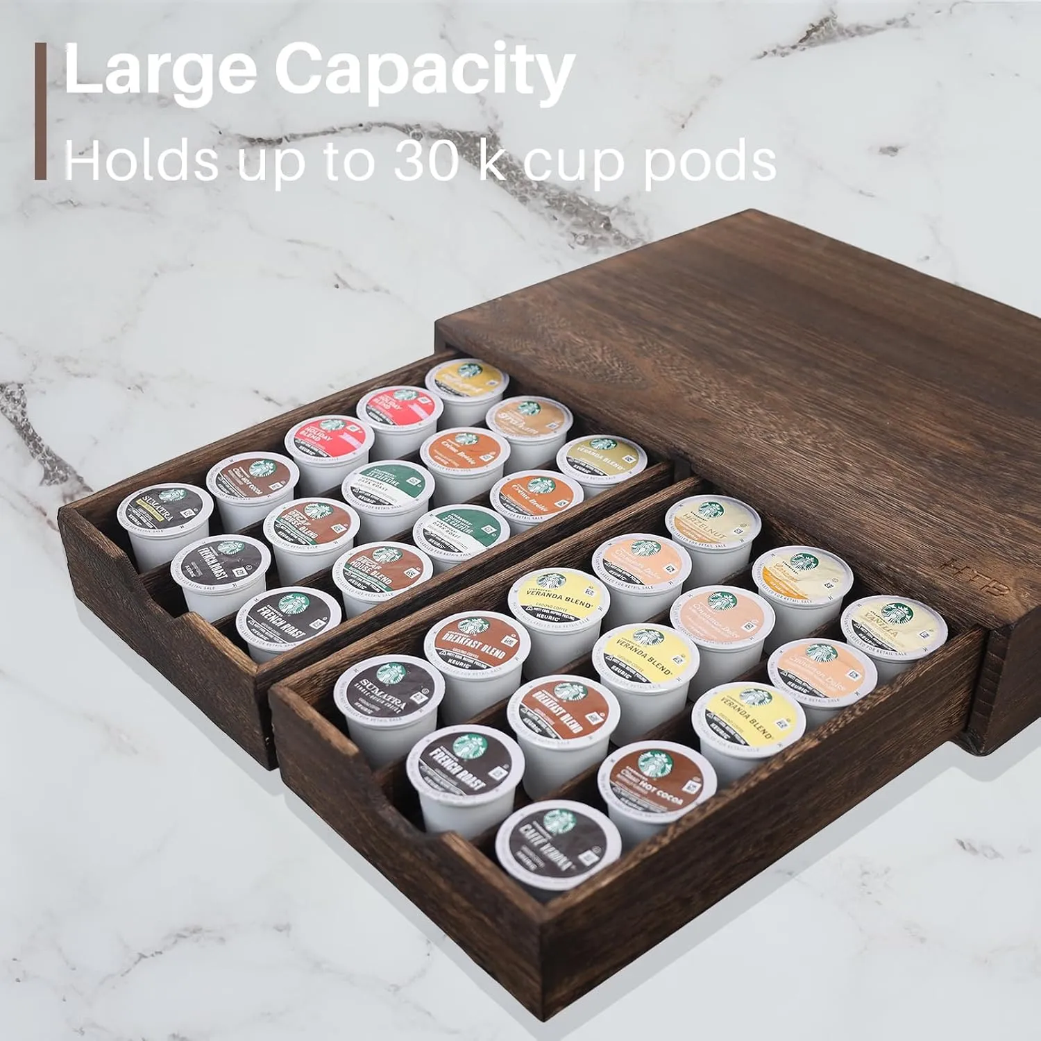 HTB K Cup Holder Compatible with K Cups,Coffee Pod Holder Holds Up 30 Cups,K Cup Organizer Storage Drawer (Wood-b)