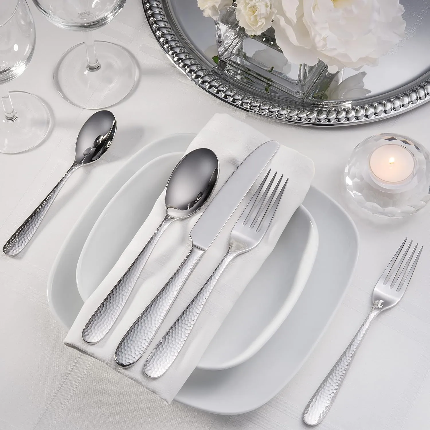 Hudson Essentials Premium 60 Piece Hammered Silverware Set, 18/10 Stainless Steel, Fine Flatware Service for 12 - Dishwasher Safe Bergamo Cutlery