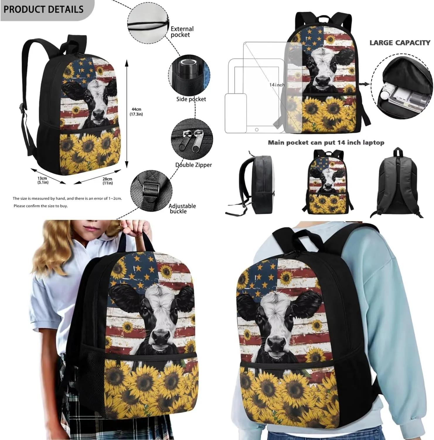 HUGS IDEA Ameircan Flag Cow Backpack for Girls 12-14 School Bookbag for Girls 17 Inch School Bag for Students Study Lightweight 4 in 1 School Backpack Set with Bookmark Travel Daypack