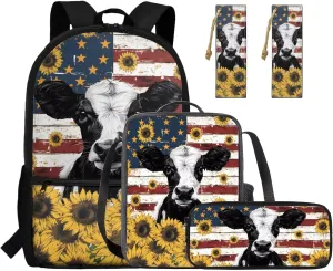 HUGS IDEA Ameircan Flag Cow Backpack for Girls 12-14 School Bookbag for Girls 17 Inch School Bag for Students Study Lightweight 4 in 1 School Backpack Set with Bookmark Travel Daypack
