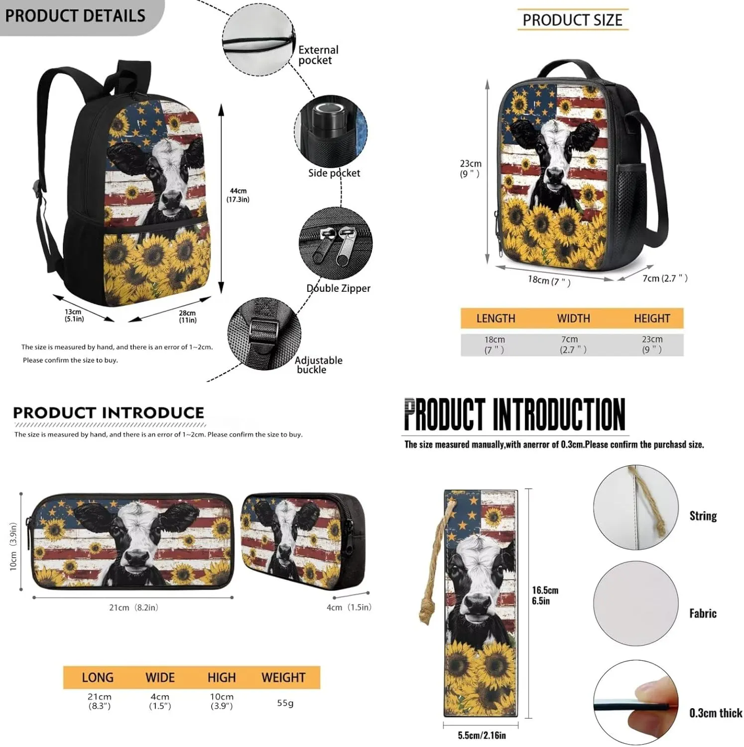 HUGS IDEA Ameircan Flag Cow Backpack for Girls 12-14 School Bookbag for Girls 17 Inch School Bag for Students Study Lightweight 4 in 1 School Backpack Set with Bookmark Travel Daypack
