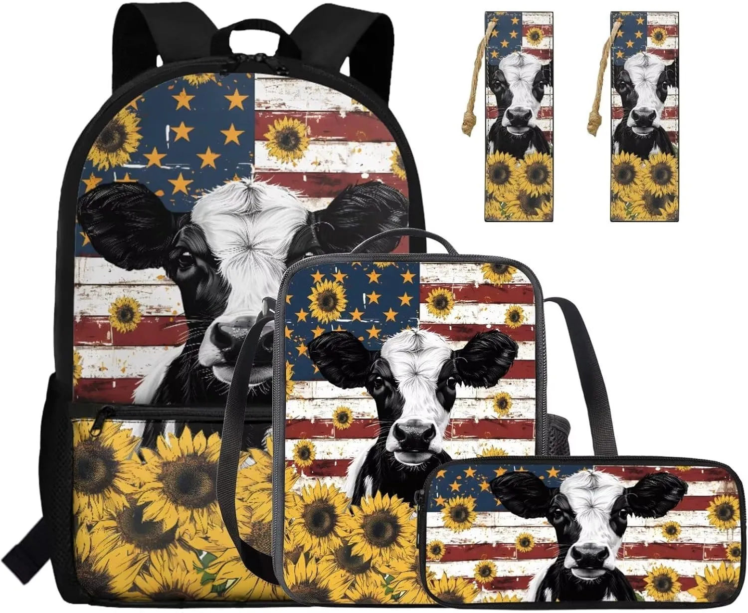 HUGS IDEA Ameircan Flag Cow Backpack for Girls 12-14 School Bookbag for Girls 17 Inch School Bag for Students Study Lightweight 4 in 1 School Backpack Set with Bookmark Travel Daypack