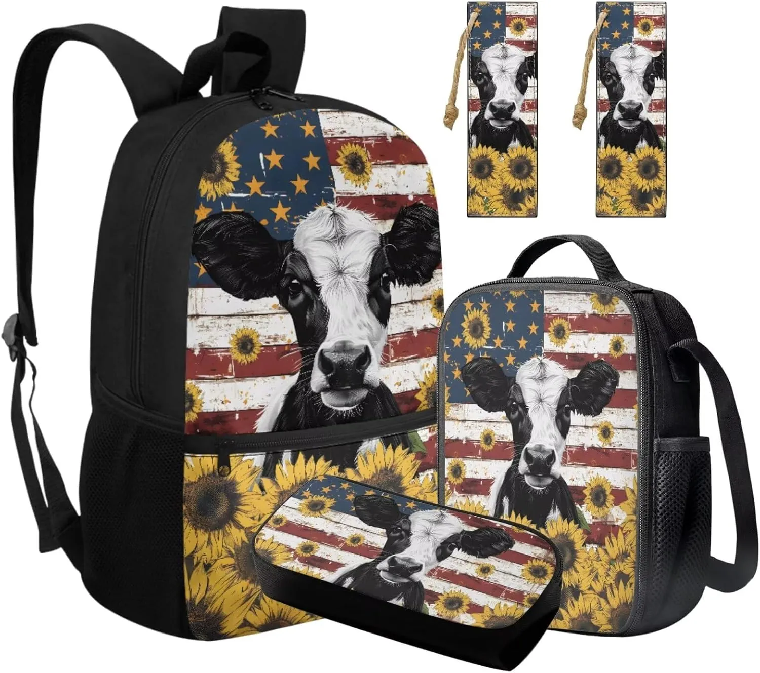 HUGS IDEA Ameircan Flag Cow Backpack for Girls 12-14 School Bookbag for Girls 17 Inch School Bag for Students Study Lightweight 4 in 1 School Backpack Set with Bookmark Travel Daypack