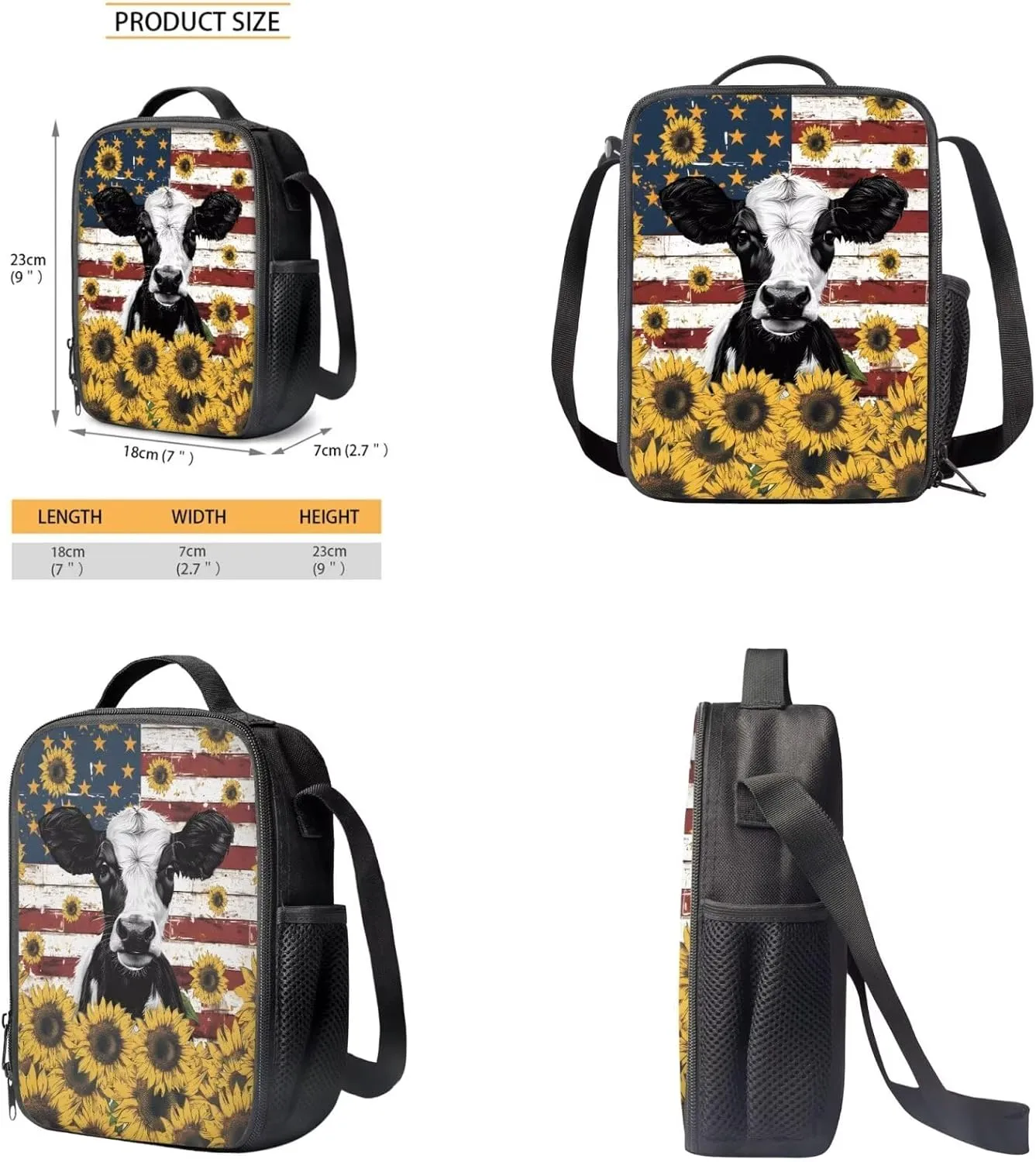 HUGS IDEA Ameircan Flag Cow Backpack for Girls 12-14 School Bookbag for Girls 17 Inch School Bag for Students Study Lightweight 4 in 1 School Backpack Set with Bookmark Travel Daypack