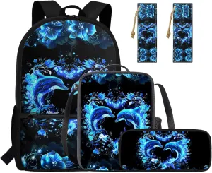 HUGS IDEA Blue Dolphin Backpack for Girls 10-12 School Bookbag with Lunchbox Lightweight School Bookbag for Elementary Students 4Pcs Schoolbag Set with Pencil Case 17 Inch Kids Rucksack