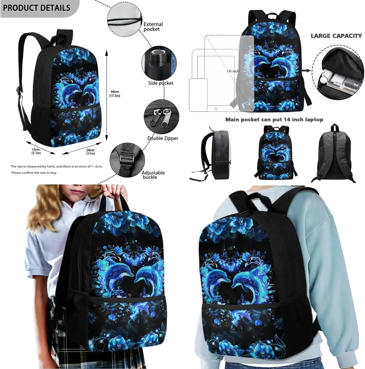HUGS IDEA Blue Dolphin Backpack for Girls 10-12 School Bookbag with Lunchbox Lightweight School Bookbag for Elementary Students 4Pcs Schoolbag Set with Pencil Case 17 Inch Kids Rucksack