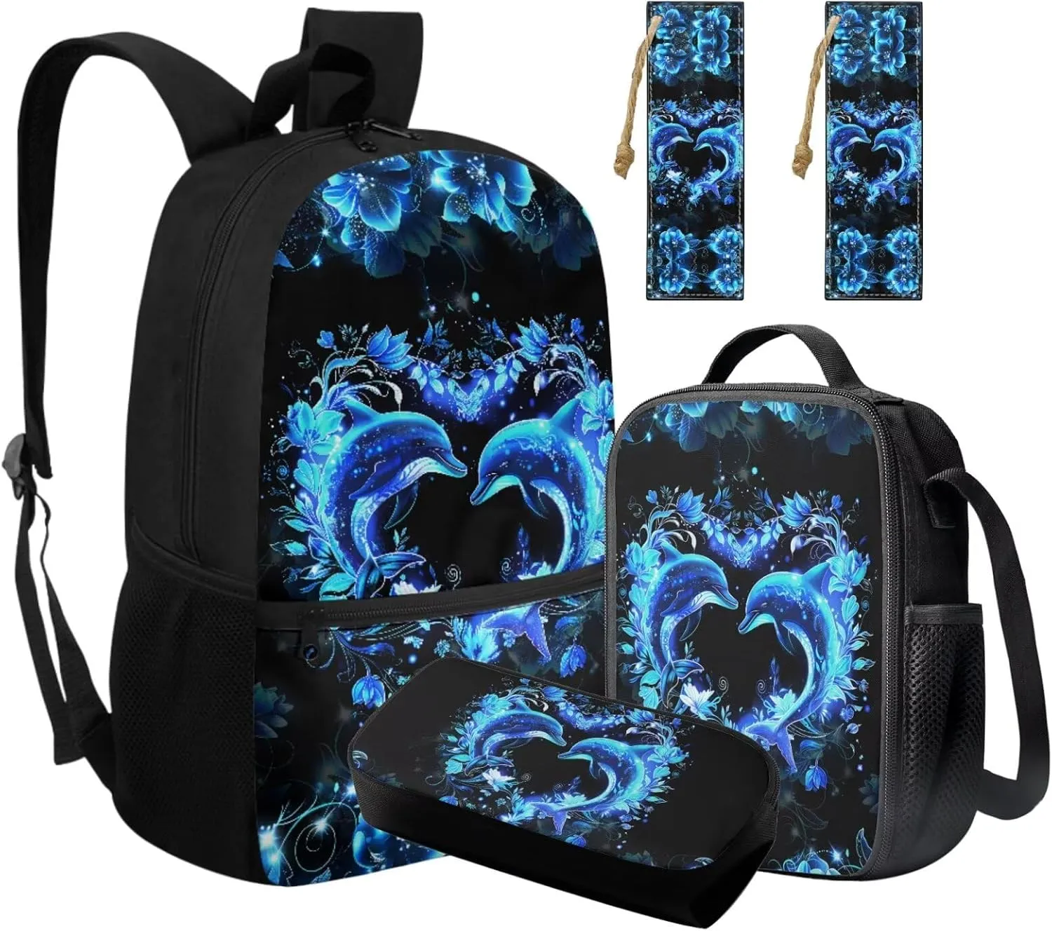 HUGS IDEA Blue Dolphin Backpack for Girls 10-12 School Bookbag with Lunchbox Lightweight School Bookbag for Elementary Students 4Pcs Schoolbag Set with Pencil Case 17 Inch Kids Rucksack