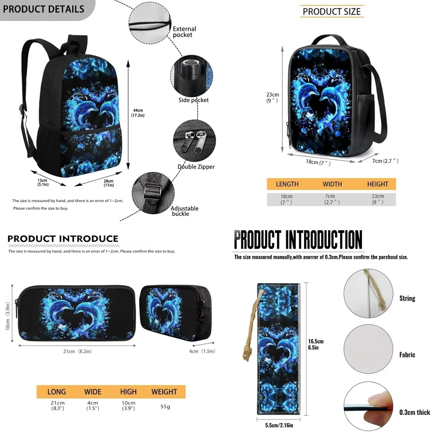 HUGS IDEA Blue Dolphin Backpack for Girls 10-12 School Bookbag with Lunchbox Lightweight School Bookbag for Elementary Students 4Pcs Schoolbag Set with Pencil Case 17 Inch Kids Rucksack