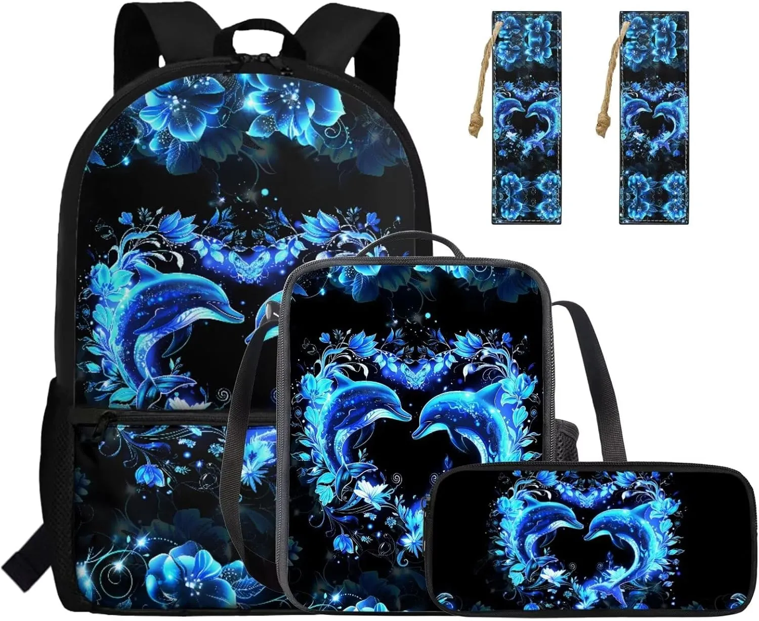 HUGS IDEA Blue Dolphin Backpack for Girls 10-12 School Bookbag with Lunchbox Lightweight School Bookbag for Elementary Students 4Pcs Schoolbag Set with Pencil Case 17 Inch Kids Rucksack