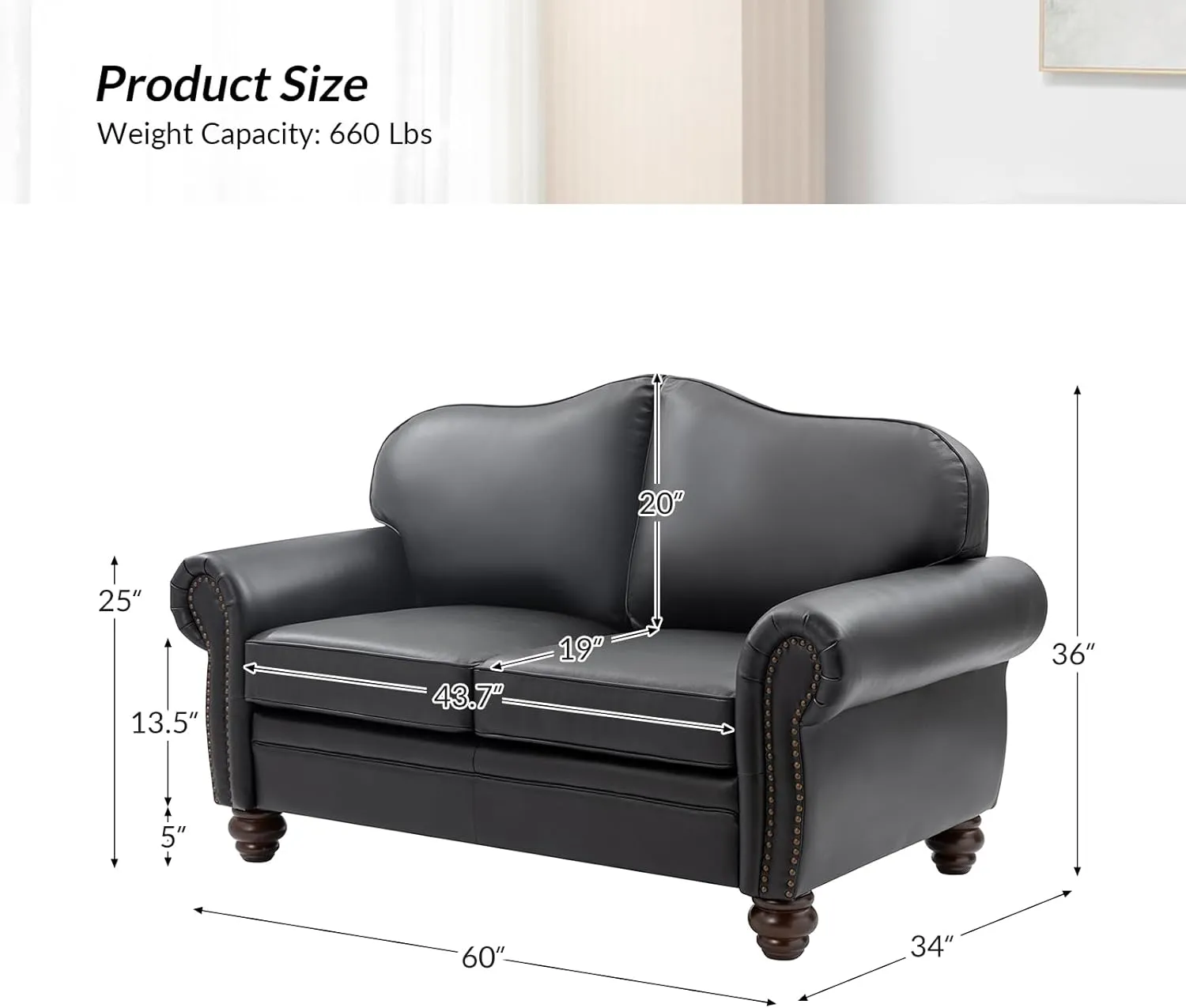 HULALA Home Chesterfield Loveseat Genuine Leather Sofa with Tufted Back 2-Seater Couch for Living Room, Office, Black