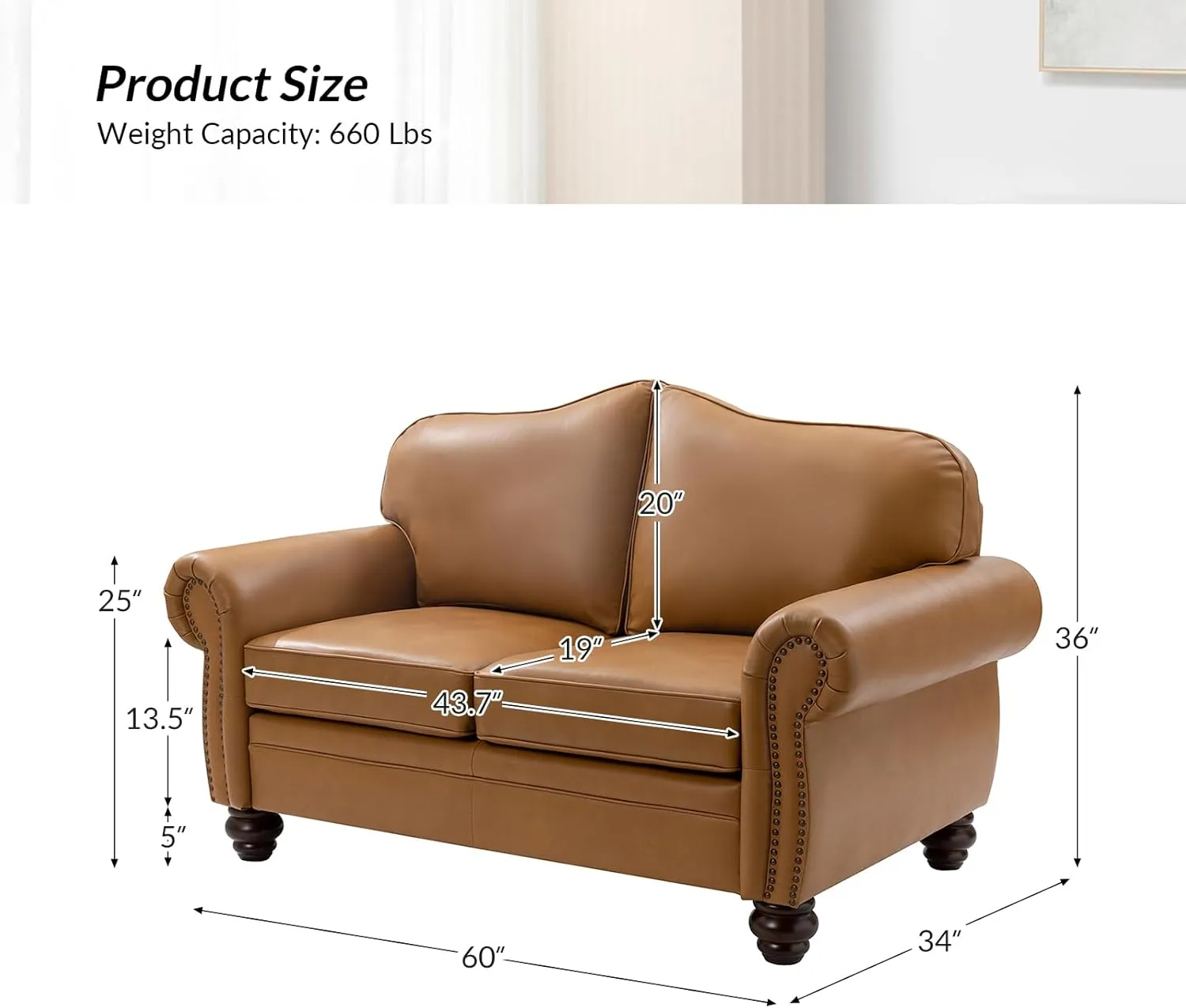 HULALA Home Chesterfield Loveseat Genuine Leather Sofa with Tufted Back 2-Seater Couch for Living Room, Office, Camel