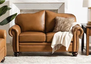 HULALA Home Chesterfield Loveseat Genuine Leather Sofa with Tufted Back 2-Seater Couch for Living Room, Office, Camel