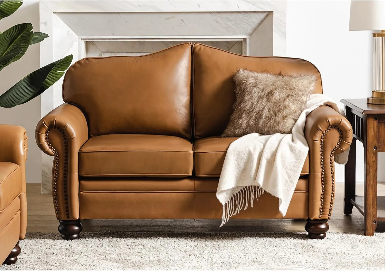 HULALA Home Chesterfield Loveseat Genuine Leather Sofa with Tufted Back 2-Seater Couch for Living Room, Office, Camel