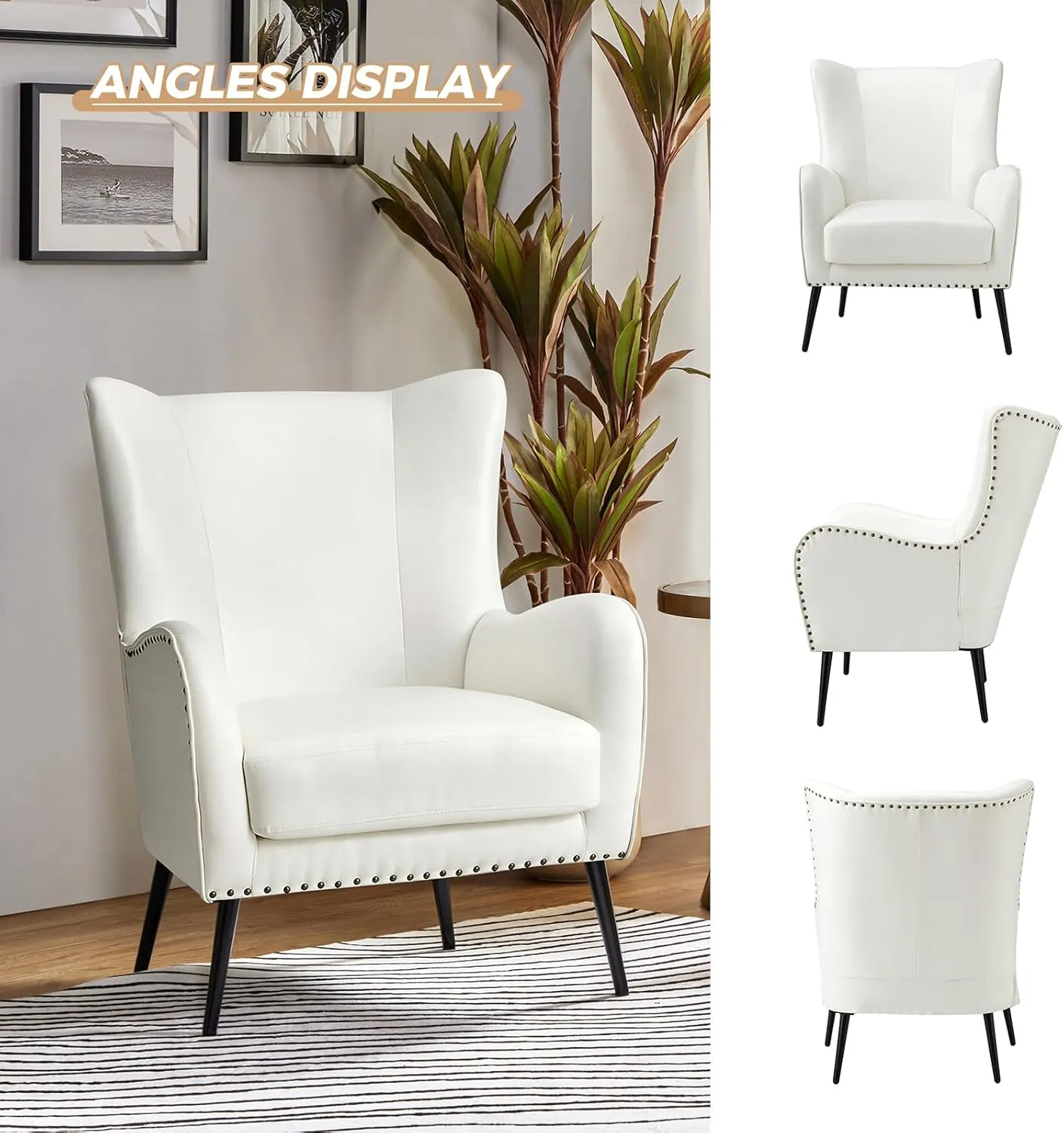 HULALA Home Faux Leather Accent Chair Set of 2 w/Removable Cushion, Comfy Upholstered Armchair with Metal Legs & Nailhead Trim Wingback Vanity Chair Desk Chair for Reading Living Room Bedroom, Ivory